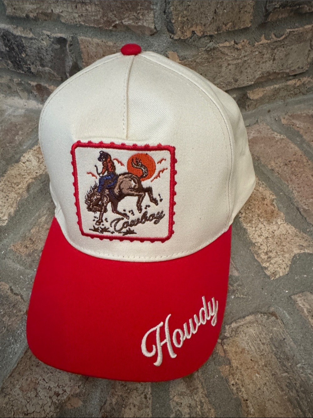Howdy Cowboy Embroidered Trucker Hat - Red & Cream